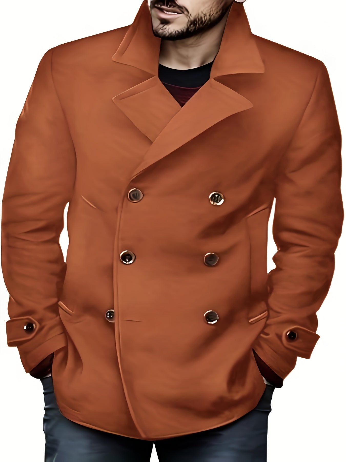 1pz Cappotto Invernale Pesante da Uomo - Giacca Doppiopetto con Colletto a Lancia, Grande Bottone sul Risvolto & Passanti in Tinta Unita (Tessuto Non Elasticizzato) - Capospalla Spesso per Taglie Grandi e Alte, Abbigliamento Casual ed Elegante (Marrone),
