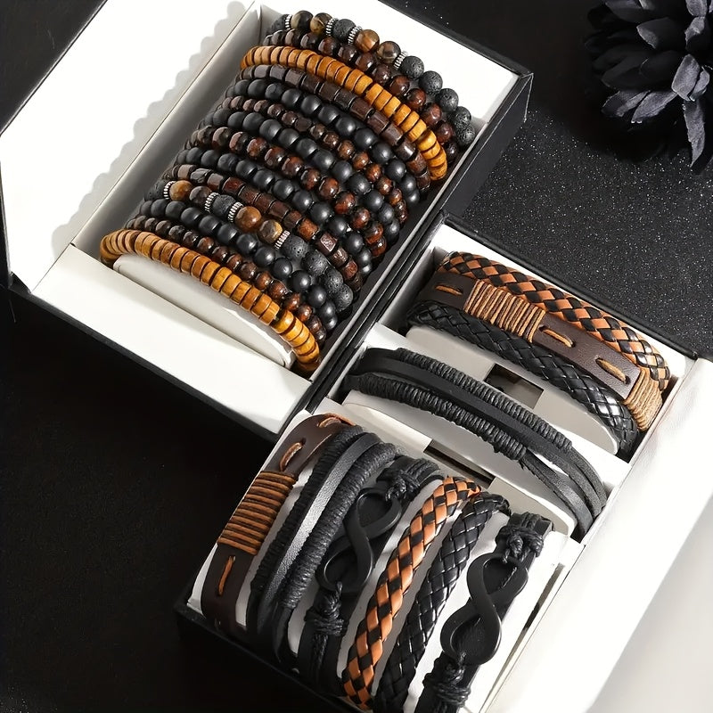 24 pezzi Set di Accessori di Moda da Uomo, Braccialetti in Pelle Sintetica e Perline di Legno in Stile Street, Design Versatili a Strati per Abbigliamento Casual, con Confezione Multipla per Regali (Scatola Non Inclusa)