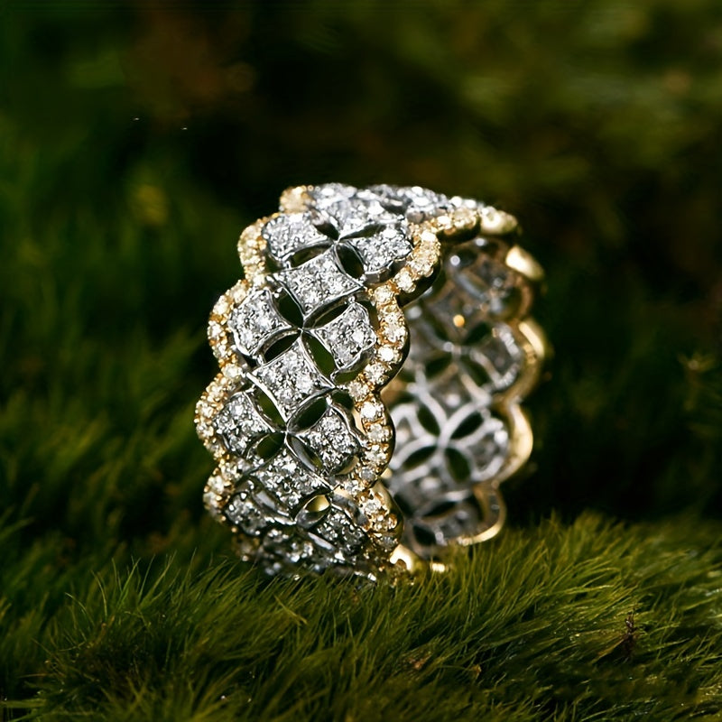 1pc YOUHAOCC Anello Lussuoso in Tono Dorato con Motivo Floreale Scavato e Zirconia Scintillante - Design Geometrico Elegante, Versatile per l'Uso Quotidiano & Occasioni Speciali