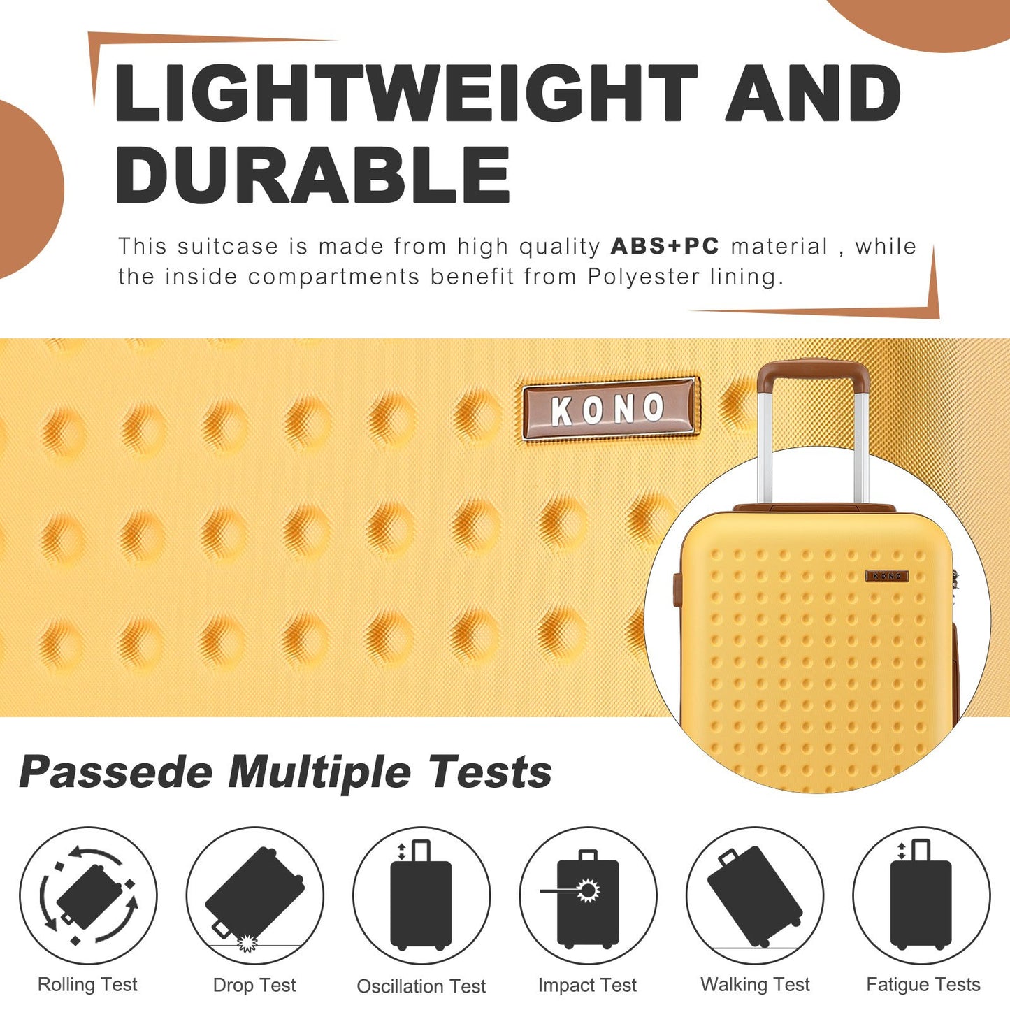 Set di 4 Valigie da 14/20/24/28 pollici Kono Elegante in ABS+PC a Pois con Guscio Rigido e Serratura TSA, Set di 4 Pezzi con Valigetta da Toilette, Bagagli da Viaggio Durevoli con Serratura TSA e Ruote Silenziose