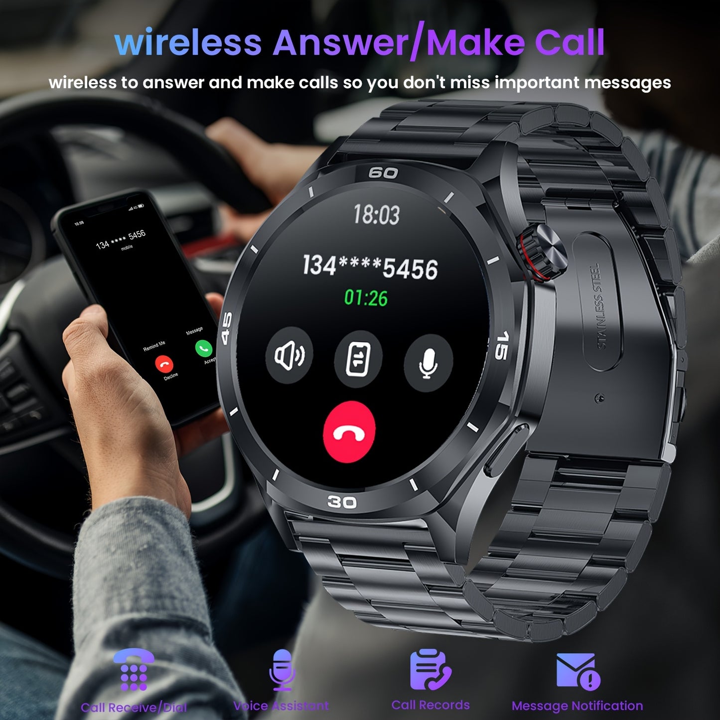 Orologio intelligente impermeabile per uomo - Orologio intelligente rotondo con schermo touch HD da 1.52 pollici - Bracciale intelligente con 123 modalità sportive - Monitoraggio del tracker sportivo - Chiamata e risposta wireless - per iPhone/Android