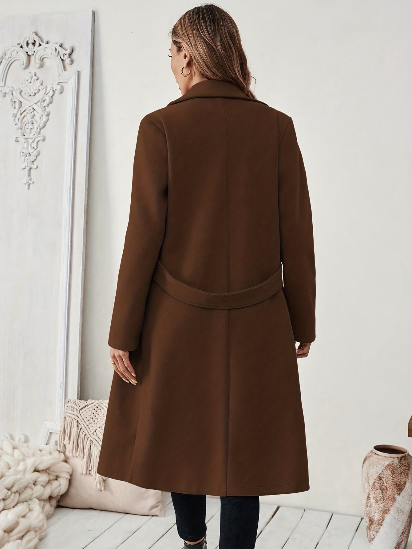 Women's Elegant Long Black Tweed Coat with Adjustable Belt - H-Silhouette Asymmetrical Hem, Machine Washable Winter Trench Coat for Fall & Winter, Office to Evening Versatile Outerwear, Notch Lapel Design
