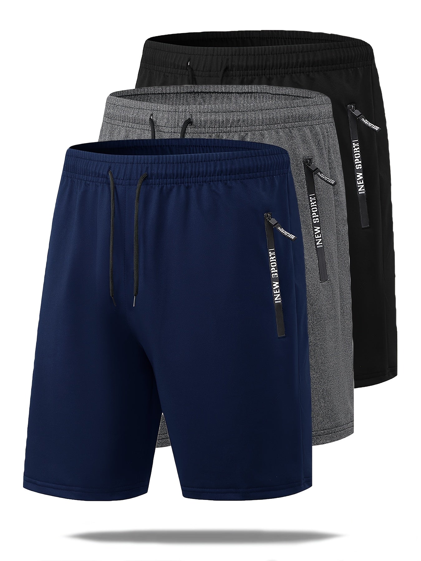 Set di 3 pantaloncini sportivi casual estivi da uomo con elastico in vita e coulisse, con tasche con cerniera, ideali per allenamenti, corsa, palestra e sport all'aria aperta.