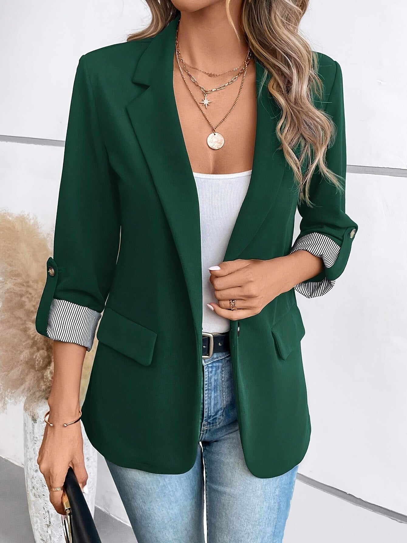 Elegant Women's Navy Blue Blazer - Chic Three-Quarter Sleeve, Polyester, Button Front with Decorative Golden Star, Machine Washable - Perfect for Office & Casual Spring/Summer Outfits