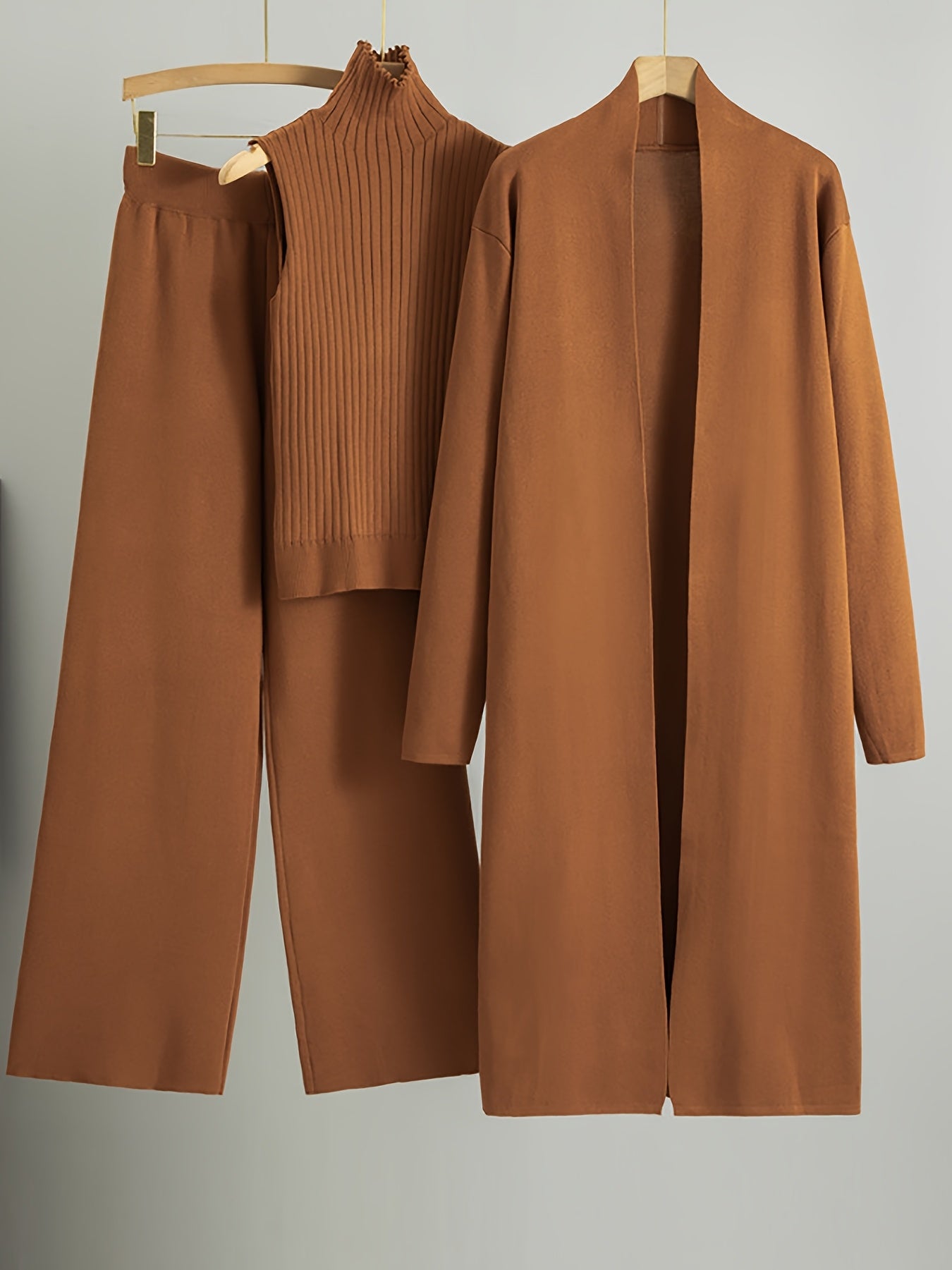 Set Invernale da Donna 3 Pezzi - Elegante Tuta Ispirata al Stile Coreano con Blazer a Collo, Pantaloni a Gamba Larga e Giacca | Lavabile a Mano per Ufficio e Semi-Formale, Beige/Marrone/Blu Navy/Taupe (Non Lavare a Secco)