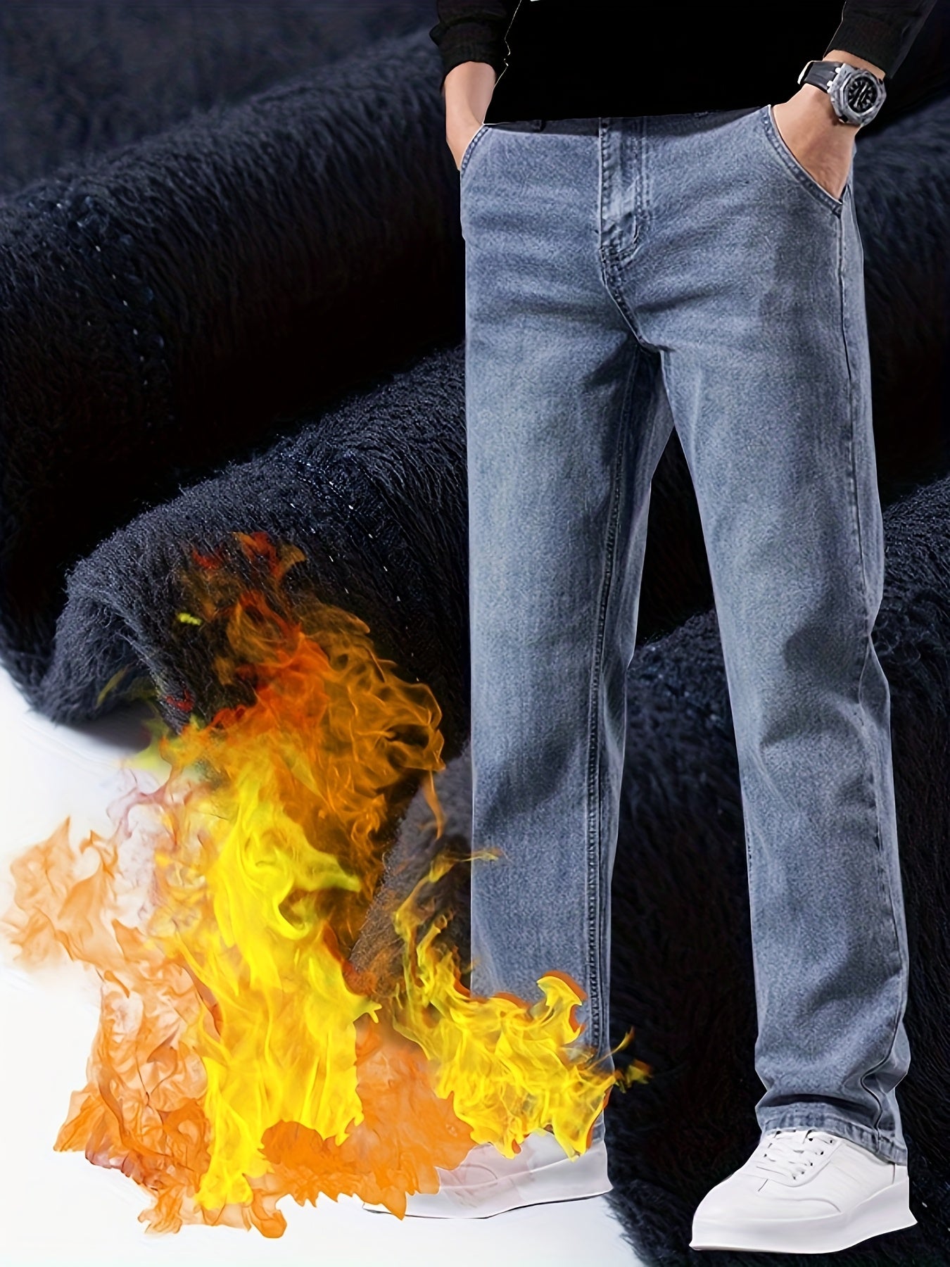 092+1# Nuova Arrivo Invernale Jeans Minimalisti Spessi Foderati in Pile Elasticizzati
