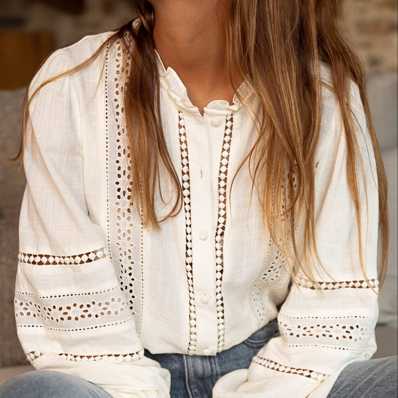 Women's Elegant Blouse - Semi-Sheer Long Sleeve Shirt with Lace-like Button Front Placket, Loose Fit Non-Stretch Office & Everyday Blouse for Spring/Fall/Summer - Women's Clothing, Spring Fashion, Delicate Embroidery, Intricate Detailing, Embroidered Top,