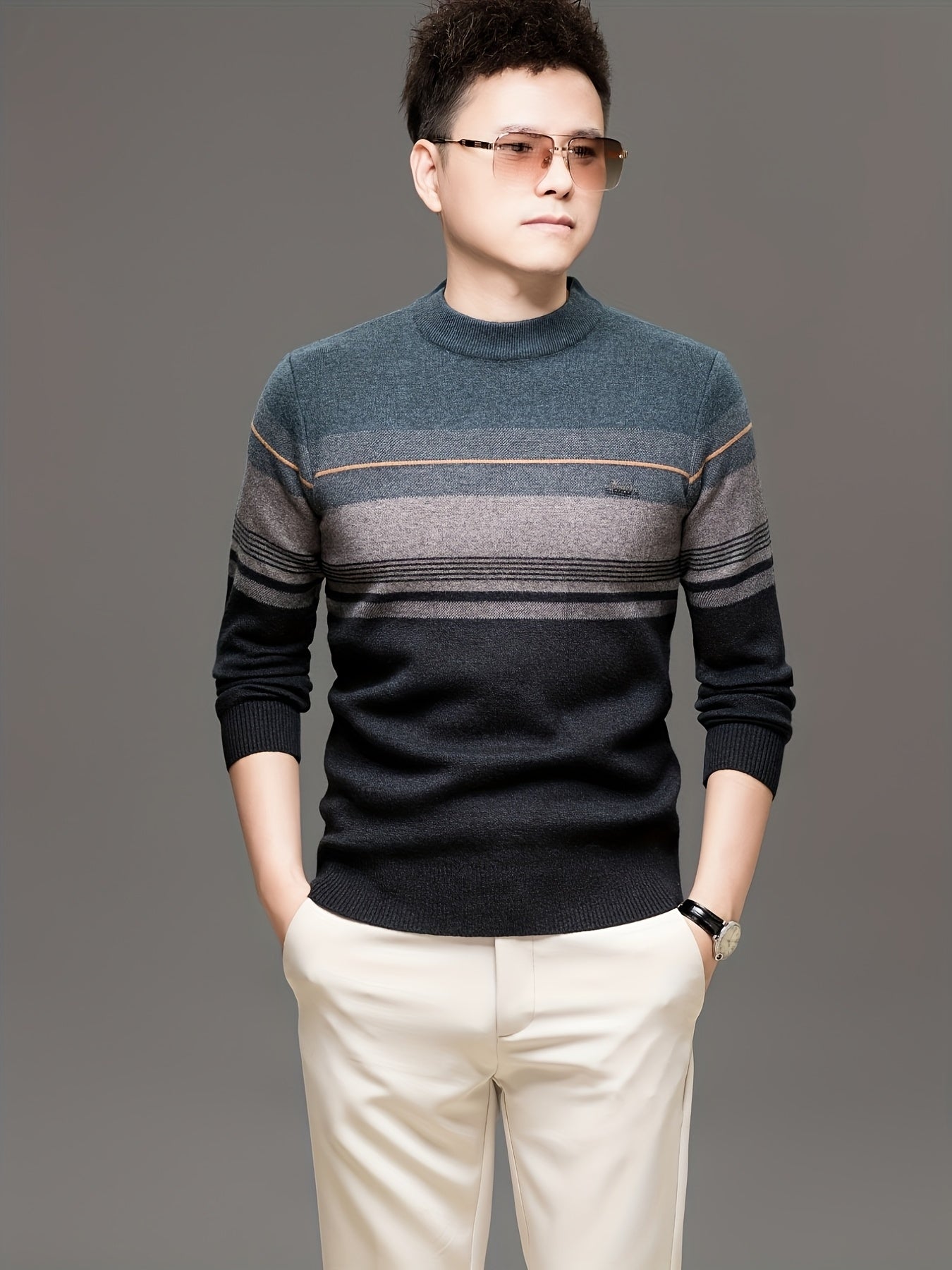 Maglione a maniche lunghe da uomo in maglia - Morbido pullover elasticizzato con strisce marroni/orizzontali, maglione invernale a girocollo per outfit di tutti i giorni e formali, regalo ideale per la festa del papà, marito, fidanzato - Abbigliamento aut