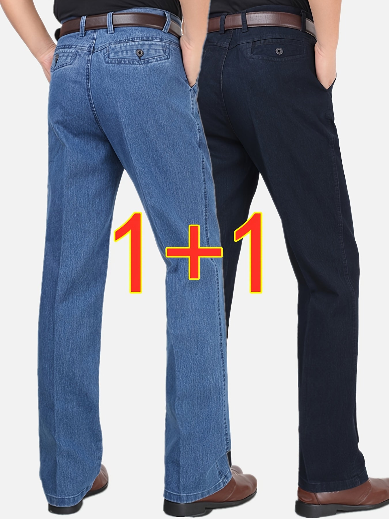 2-Pack Pantaloni da uomo in denim finto a vita alta e gamba dritta - Pantaloni da estate leggeri in denim finto con elastico in vita e cerniera integrata, vestibilità ampia, pantaloni casual in blu chiaro e blu scuro, comfort per tutte le stagioni per abb