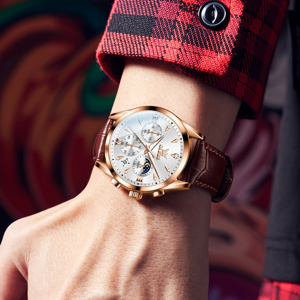 Orologio OLEVS per Uomo Classico Cronografo Pelle Marrone Cassetta Dorata Analogo Quarzo Moda Affari Abito Grande Viso Orologio da Uomo Giorno Data Luminoso Casual Maschio Orologio da Polso Regali Romantici Relojes De Hombre Blu/Nero/Bianco/Marrone Dial