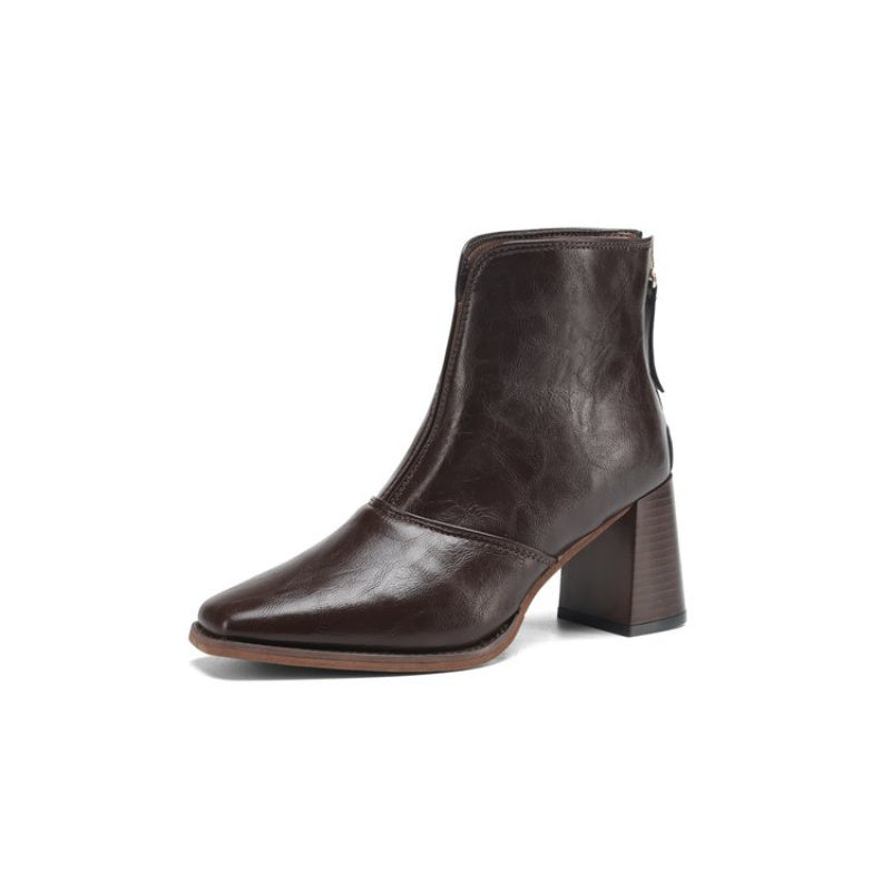 Stivali alla caviglia da donna con tacco grosso autentico - Marroni, punta rotonda, chiusura con zip, stivali comodi con tacco medio per outfit casual e formali, calzature versatili autunno inverno, calzature formali, design elegante dello stivale, suola