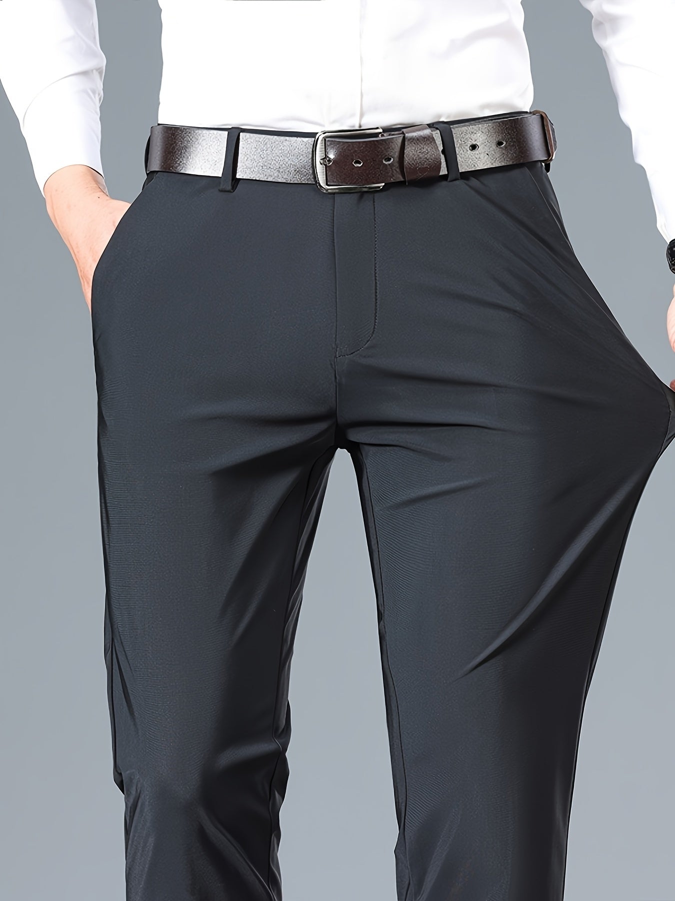 2025 Nuovi Pantaloni da Uomo in Tessuto Fibra Slicky Ice ad Alta Elasticità - tocco liscio, traspirante e elasticizzato, vestibilità regolare a vita media con dettagli di bottoni per ufficio e casual, comfort per tutte le stagioni, abbigliamento da uffici