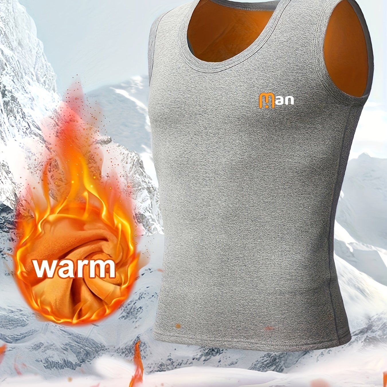 1pz Top da uomo termico foderato in fleece, stampa "MAN", gilet caldo autunno/inverno, impermeabile, poliestere 95% elastano 5%, tessuto a maglia, medio stretch, strato base atletico, spesso