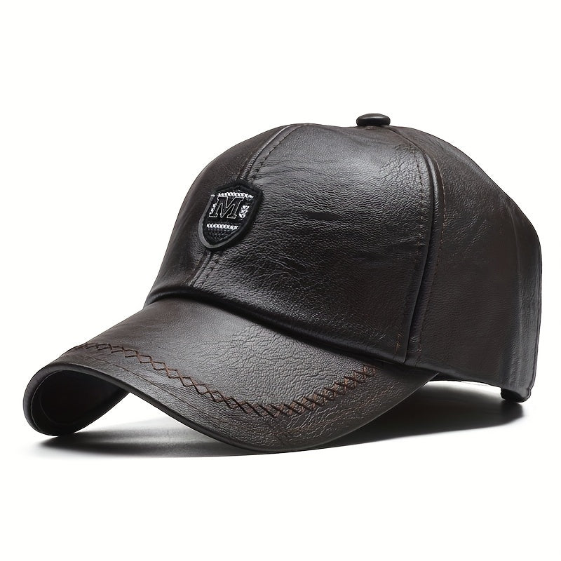 1 Cappello da baseball nero in pelle sintetica con visiera regolabile - Leggero, resistente e traspirante per attività all'aperto, viaggi, feste in spiaggia e abbigliamento casual, cappello da moda primaverile | Cappello da baseball regolabile | Equipaggi