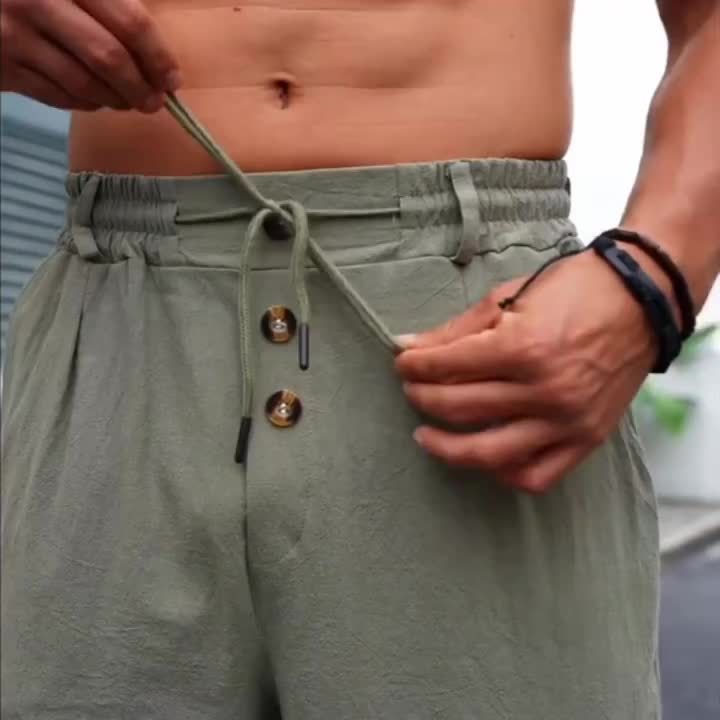 3pcs Pantaloni Casual in Lino Leggeri da Uomo - Vestibilità Rilassata Traspirante con Vita Elastica e Chiusura a Bottone, Tessuto Non Elasticizzato per Abbigliamento da Spiaggia Esterno, Comfort Tutte le Stagioni (Beige/Verde/Azzurro), Pantaloni da Spiagg