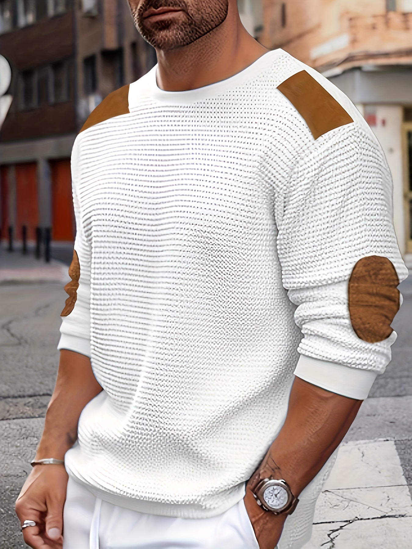 Maglione Casual Uomo in Maglia Waffle con Blocchi di Colore a Contrasto e Patch - Pullover Girocollo Lavabile in Lavatrice per Tempo Libero, Abbigliamento Tessuto