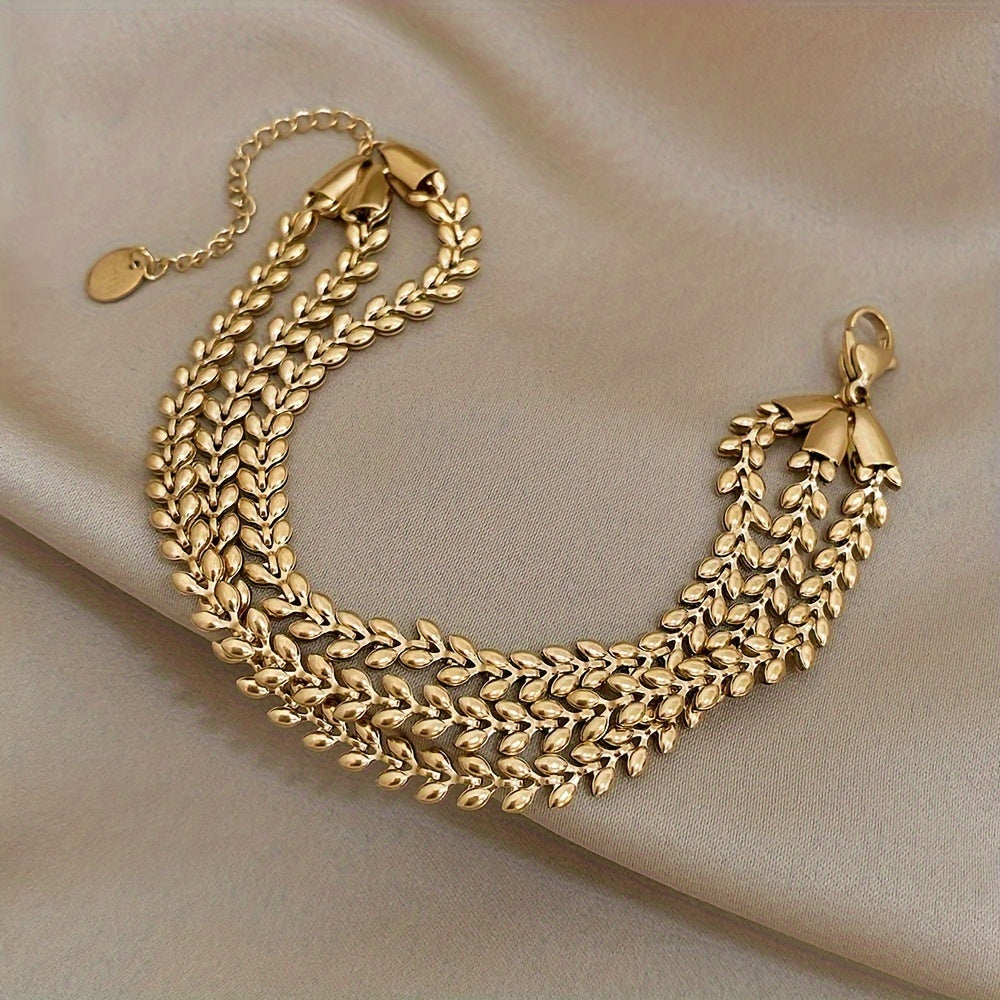 Women's Stainless Steel Wheat Design Golden-Tone Multi-Layer Chain Bracelet - Adjustable Lobster Clasp Statement Jewelry for Parties, Casual Attire & Special Occasions, Fashion Accessory, Elegant Style, Stylish Craftsmanship, Accessory Enthusiasts