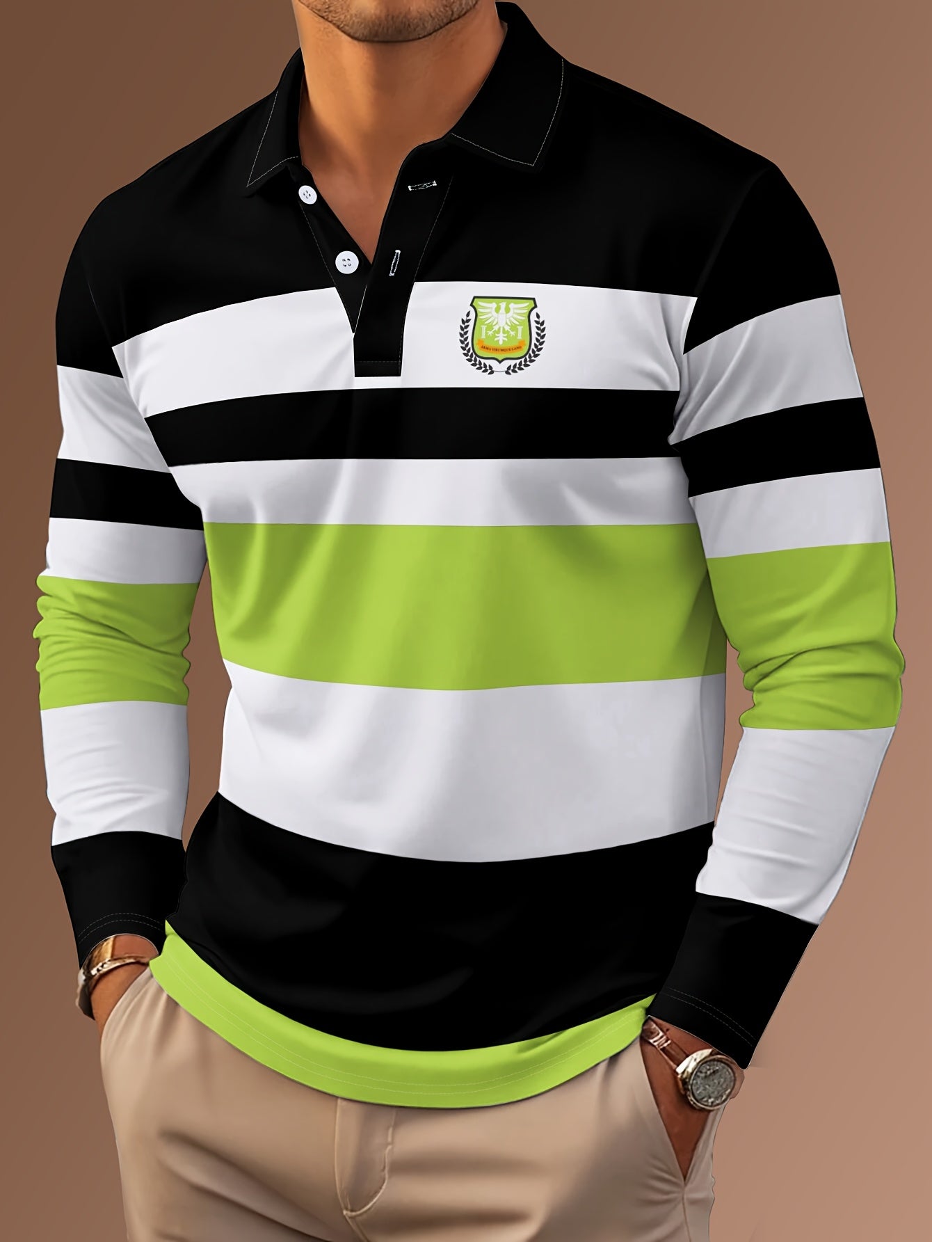 Maglietta polo casual da uomo a maniche lunghe con stampa digitale 3D - Design a righe nere e bianche, colletto con bottoni, vestibilità regolare per abbigliamento casual, abbigliamento confortevole | Stile polo classico | Abbigliamento casual resistente,