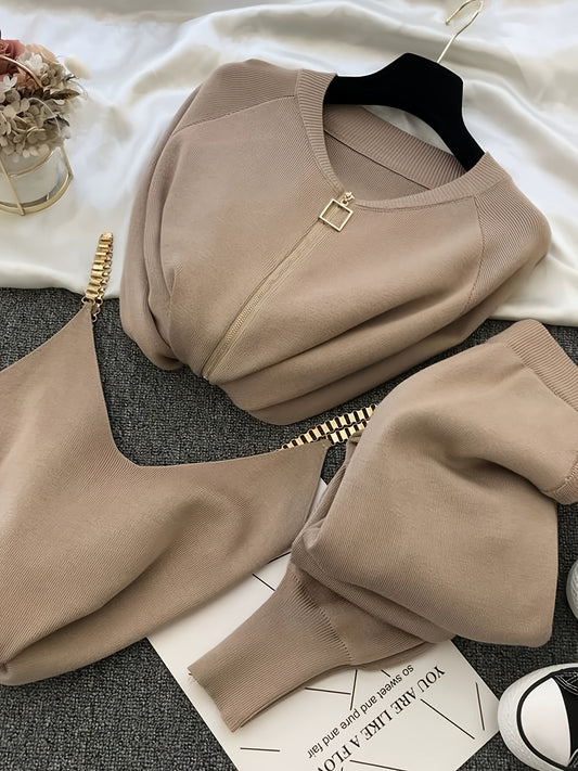 Set Elegante da Donna 3 Pezzi con Maglione e Pantaloni a Zip - Girocollo Oversize, Pantaloni ad Alta Vita & Giacca Abbinata in Morbido Lavanda/Viola, Dettagli di Cerniera  Catena, Caldo Invernale, Taglio Strutturato per Autunno/Inverno, Outfit Casual o Fo