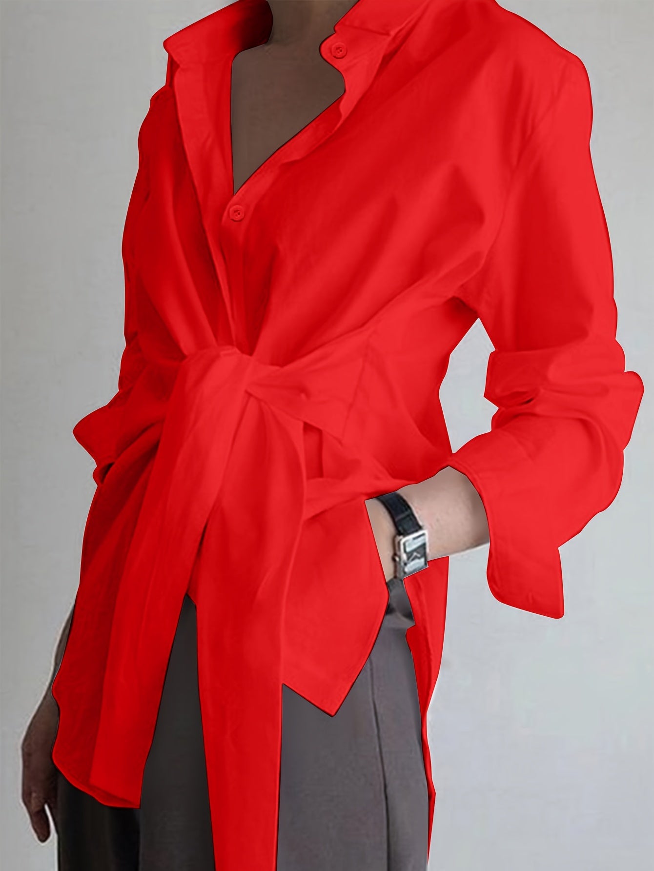 Women'S Casual Solid Color Long Sleeve Shirt, 100% Polyester, Lapel Collar, Button Front, All Season Woven Fabric, 117 gsm - Versatile Adult Shirting