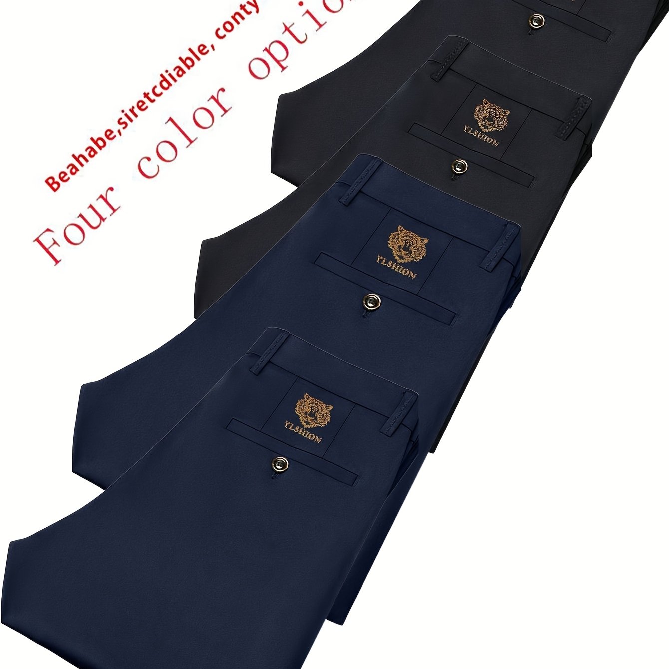 4pcs Pantaloni Eleganti Casual da Uomo a Gamba Dritta - Tessuto Elasticizzato Poliestere/Elastan, Tasche con Stampa Animalier, Comfort per Tutte le Stagioni, Solo Lavaggio a Mano (Beige/Navy/Grigio Carbone/Rosso)