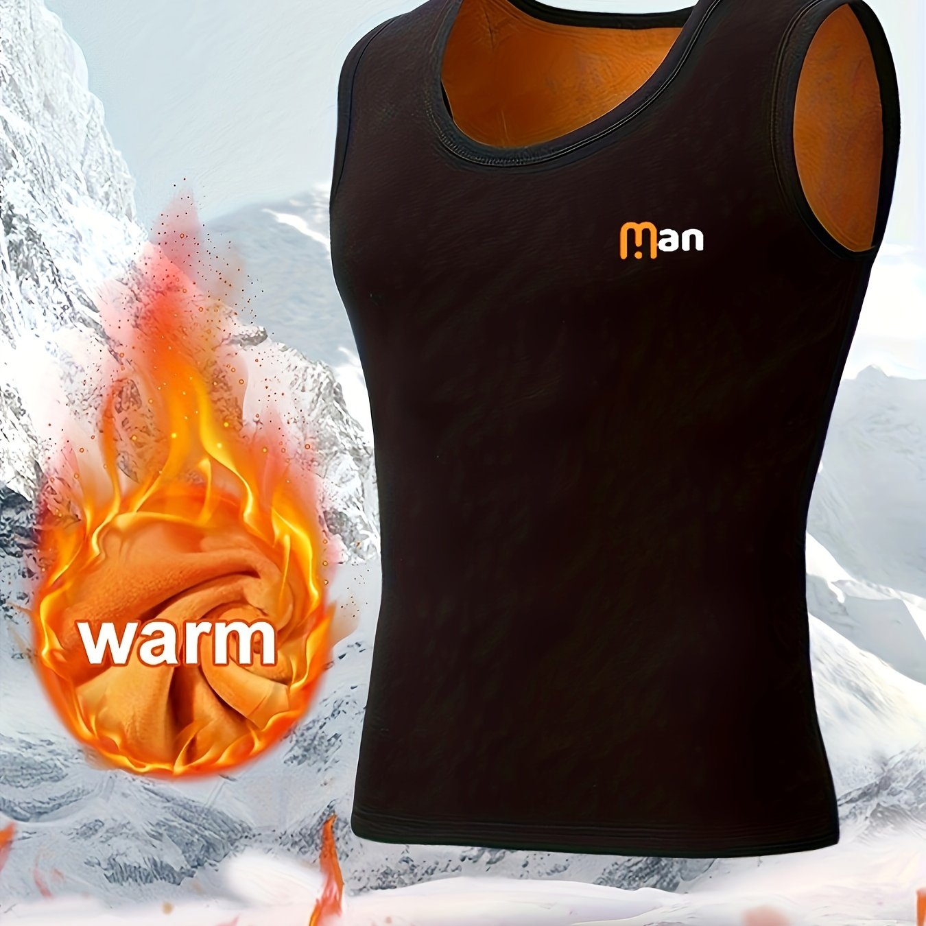 1pz Top da uomo termico foderato in fleece, stampa "MAN", gilet caldo autunno/inverno, impermeabile, poliestere 95% elastano 5%, tessuto a maglia, medio stretch, strato base atletico, spesso