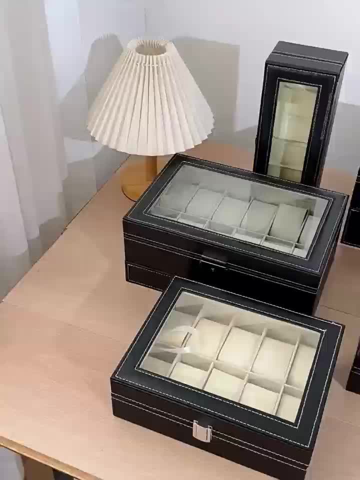 Vetrina per orologi in pelle sintetica con 12 slot e coperchi trasparenti - Scatola classica rettangolare per organizzare gioielli per orologi, braccialetti e accessori, contenitore resistente per la conservazione a tavolino per casa, boutique e regali, c
