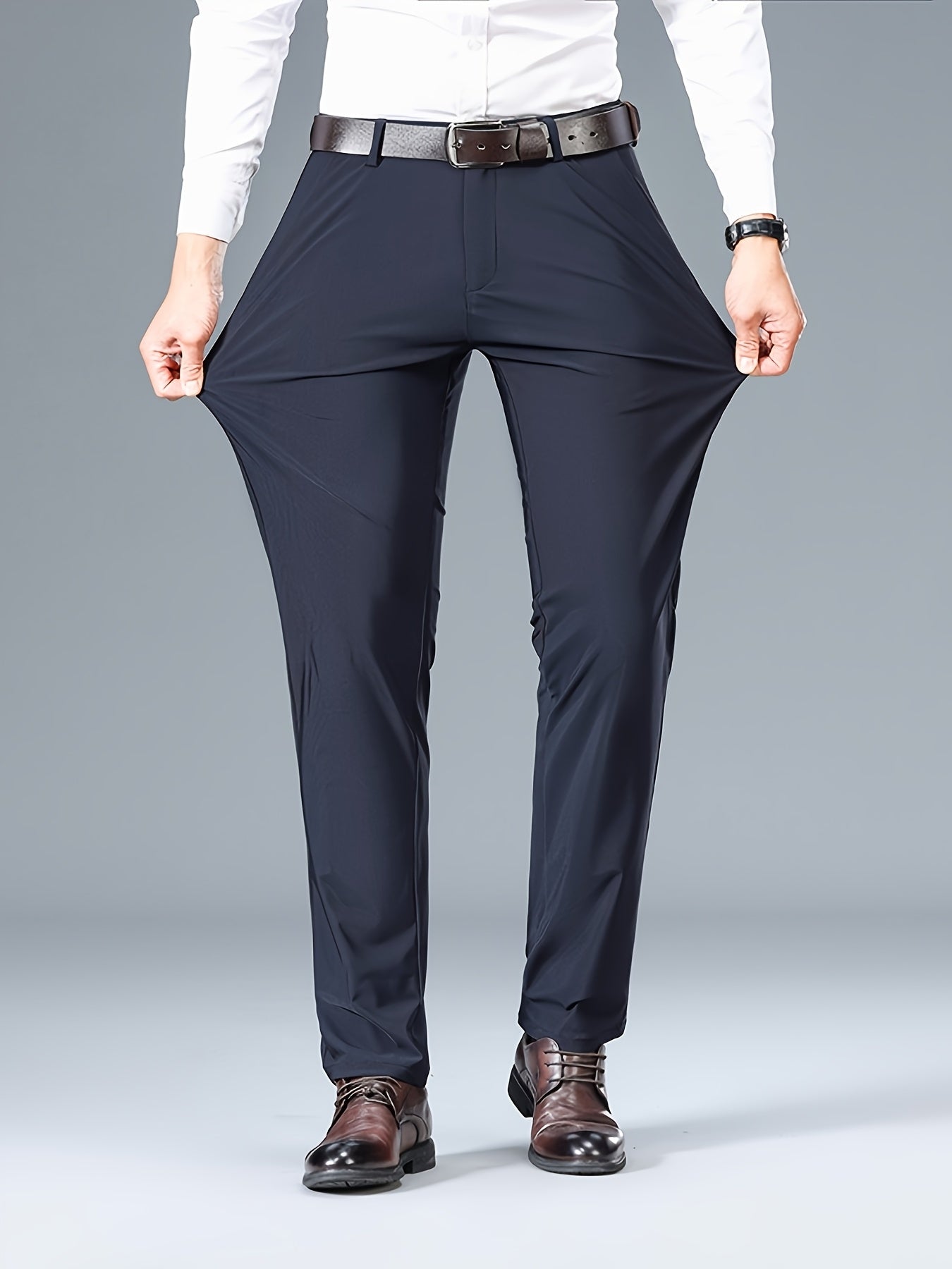 2025 Nuovi Pantaloni da Uomo in Tessuto Fibra Slicky Ice ad Alta Elasticità - tocco liscio, traspirante e elasticizzato, vestibilità regolare a vita media con dettagli di bottoni per ufficio e casual, comfort per tutte le stagioni, abbigliamento da uffici