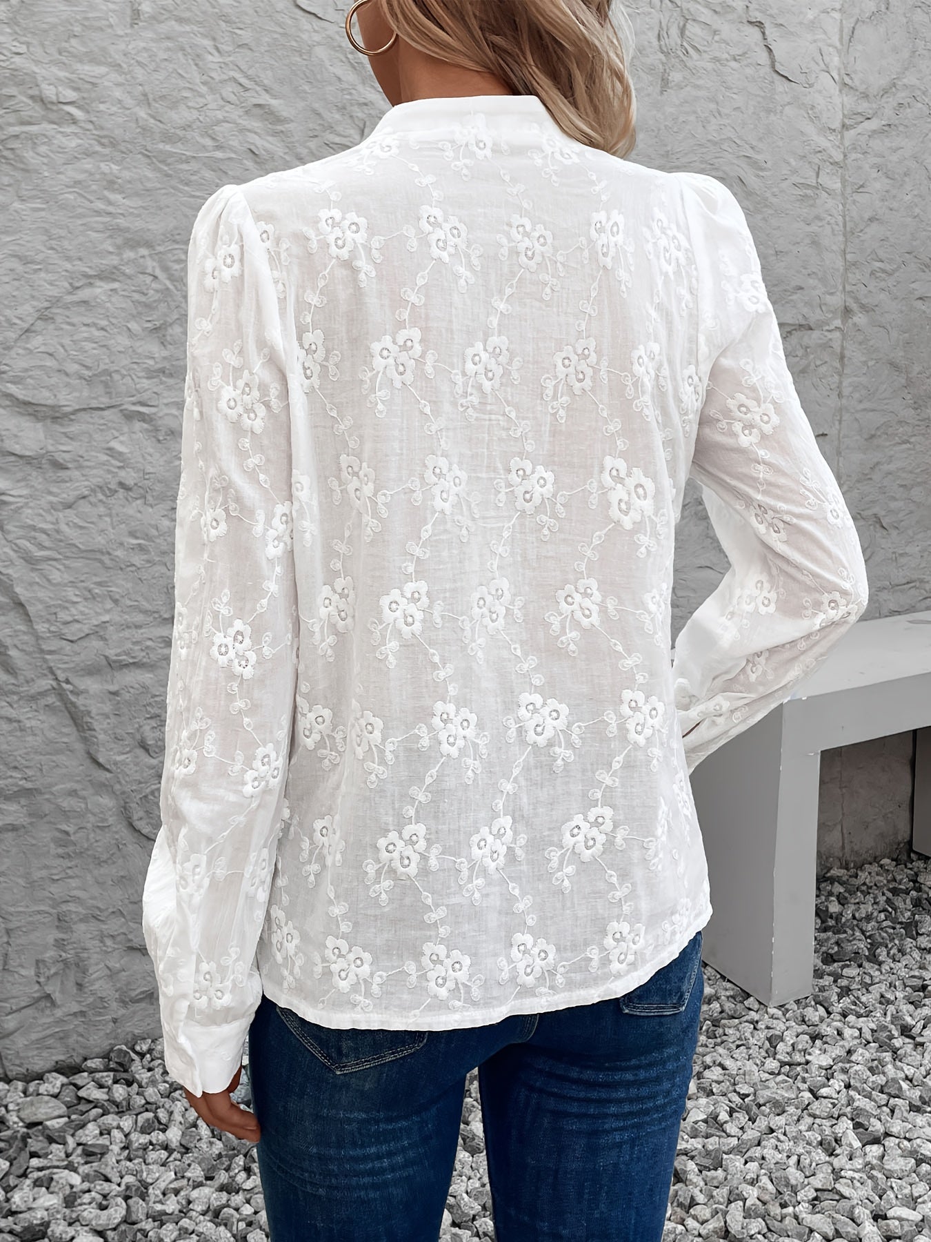 Women's Blouse - Elegant White Long Sleeve shirt with Button Front Placket, Structured Non-Stretch Blouse for Office, Formal Events, Casual Attire - Machine Washable Women's Clothing, Spring Fashion, Delicate Embroidery, Breathable Material, Stylish Top,
