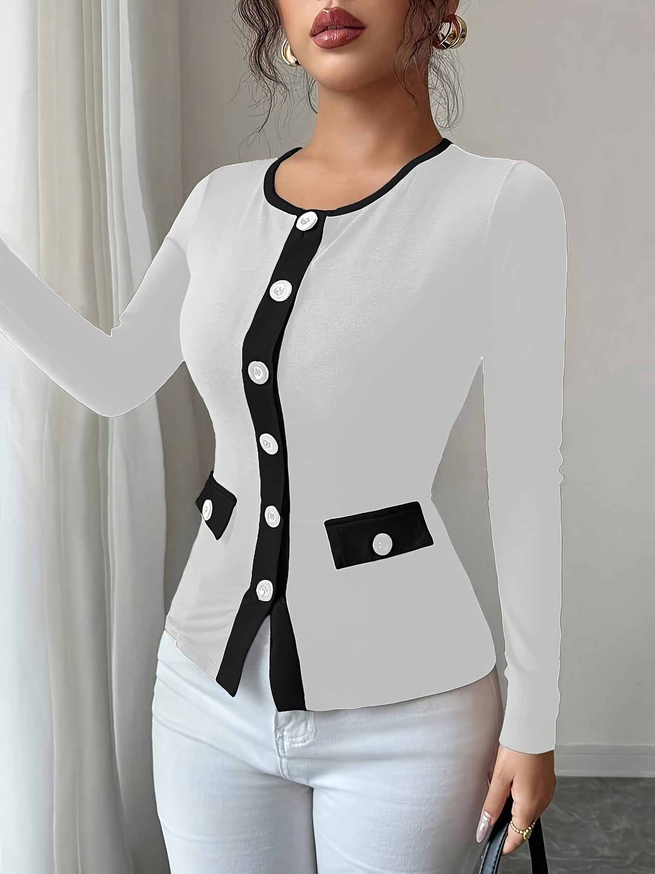 Women's Elegant Black & White Contrast Long Sleeve T-Shirt with Round Neck & Decorative Collar - Mid-Stretch Office to Casual Top, Faux Pocket Design, Spring/Fall Wardrobe Essential (Hand Washable, Non-See-Through)