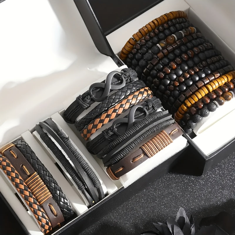 24 pezzi Set di Accessori di Moda da Uomo, Braccialetti in Pelle Sintetica e Perline di Legno in Stile Street, Design Versatili a Strati per Abbigliamento Casual, con Confezione Multipla per Regali (Scatola Non Inclusa)