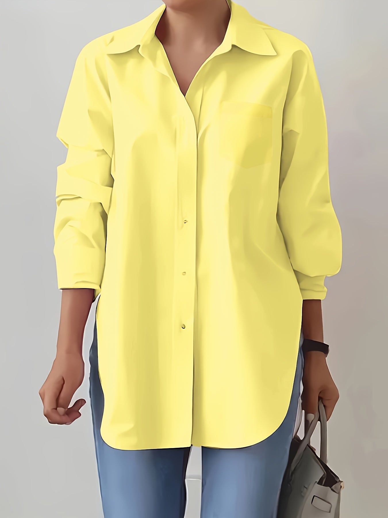 Women'S Elegant Solid Color Button-Up Shirt with Long Sleeves - Red, Casual Style, Perfect for Spring/Summer, Casual Attire|Elegant Buttonup|Long Sleeve Shirt