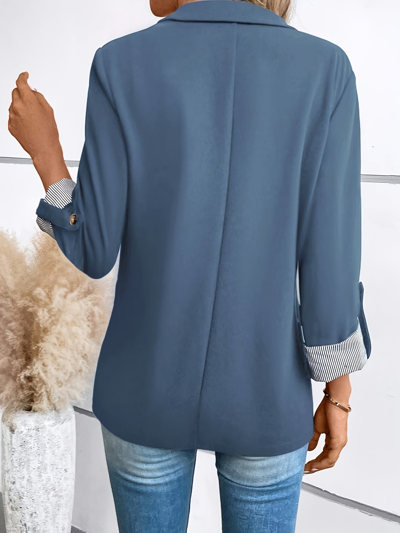 Elegant Women's Navy Blue Blazer - Chic Three-Quarter Sleeve, Polyester, Button Front with Decorative Golden Star, Machine Washable - Perfect for Office & Casual Spring/Summer Outfits