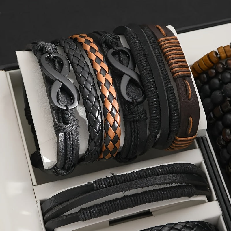 24 pezzi Set di Accessori di Moda da Uomo, Braccialetti in Pelle Sintetica e Perline di Legno in Stile Street, Design Versatili a Strati per Abbigliamento Casual, con Confezione Multipla per Regali (Scatola Non Inclusa)