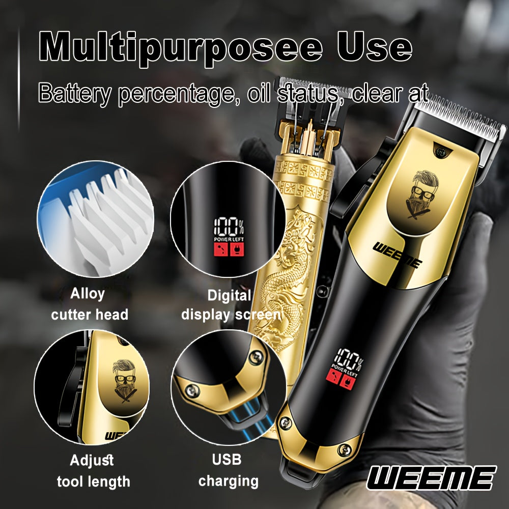 WEEME Set di 3 pezzi per taglio capelli elettrico da uomo, set per parrucchiere domestico, tagliacapelli USB ricaricabile, testina in lega, display LCD, forma intagliata, ideale per casa e viaggi, regalo per la Festa del Papà