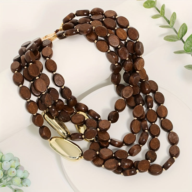 1pz Collana Bohemien Vintage Fatta a Mano con Perline Multistrato - Perle Marroni e Accenti Dorati, Gioiello Stratificato per Donne, Accessorio Quotidiano e da Festa, Regalo Chic Culturale, Stile Etnico, Testura Naturale, Perle in Legno Riciclato