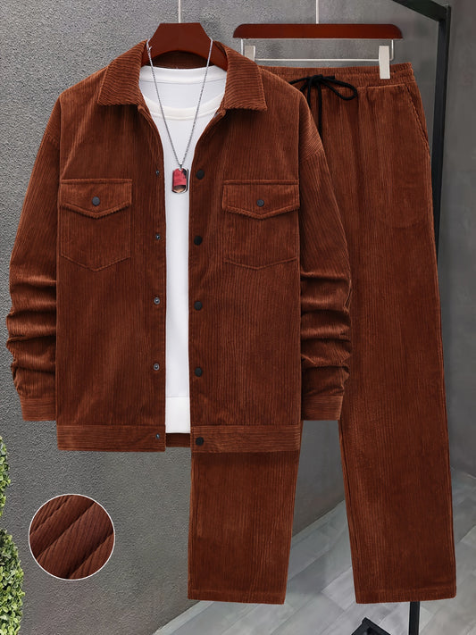 Set autunnale e invernale da uomo 2 pezzi con tessuto a coste intrecciate, tasche a doppia lavorazione, giacca a maniche lunghe e pantaloni larghi con coulisse, abito maturo per uscite casuali/ufficio/appuntamenti, 100% poliestere, lavabile a mano e in la
