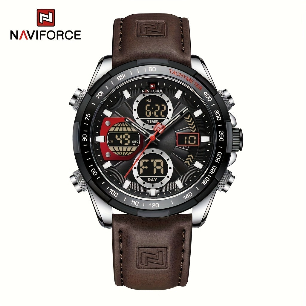 Orologio Sportivo di Lusso da Uomo NAVIFORCE al Quarzo - Impermeabile, Cinturino in Vera Pelle, Doppia Esposizione con Funzioni Data e Cronografo, Cassa in Acciaio Inossidabile, Accenti Verdi, Orologio di Lusso|Dotato di Tacimetro|Cinturino in Vera Pelle