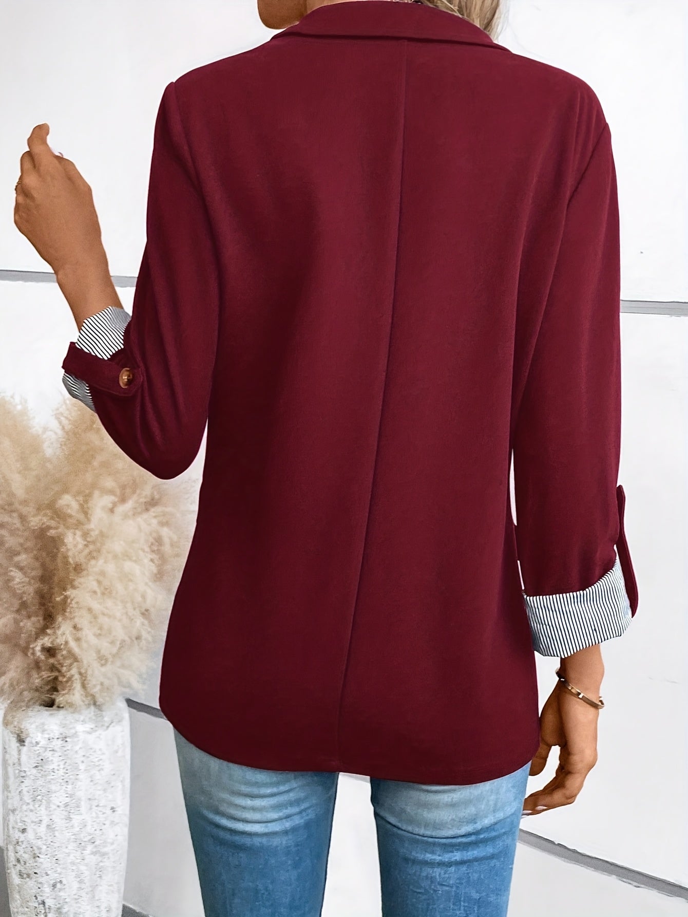Elegant Women's Navy Blue Blazer - Chic Three-Quarter Sleeve, Polyester, Button Front with Decorative Golden Star, Machine Washable - Perfect for Office & Casual Spring/Summer Outfits