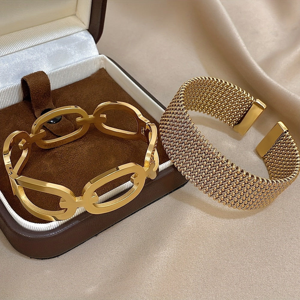 Set di 2 braccialetti eleganti in acciaio inossidabile 304 - Design di anello a vuoto chic, finitura dorata, regalo perfetto per la famiglia, gli amici e le persone care, ideale per abbigliamento casual o occasioni speciali, set di braccialetti|Braccialet