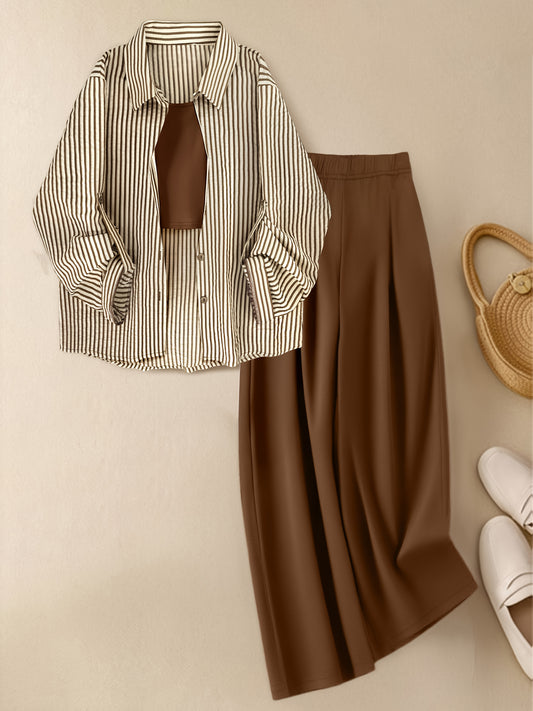 Set di 3 pezzi per donna: top a righe alla moda, camicia, gilet tinta unita e pantaloni larghi comodi, outfit elegante ma casuale, completo da lavoro femminile, abbigliamento trendy ed adatto al contesto professionale. Combinazione versatile con maglia à