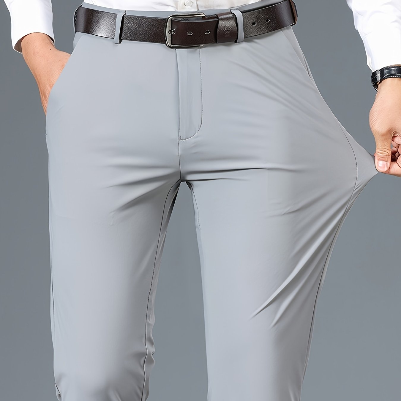 2025 Nuovi Pantaloni da Uomo in Tessuto Fibra Slicky Ice ad Alta Elasticità - tocco liscio, traspirante e elasticizzato, vestibilità regolare a vita media con dettagli di bottoni per ufficio e casual, comfort per tutte le stagioni, abbigliamento da uffici