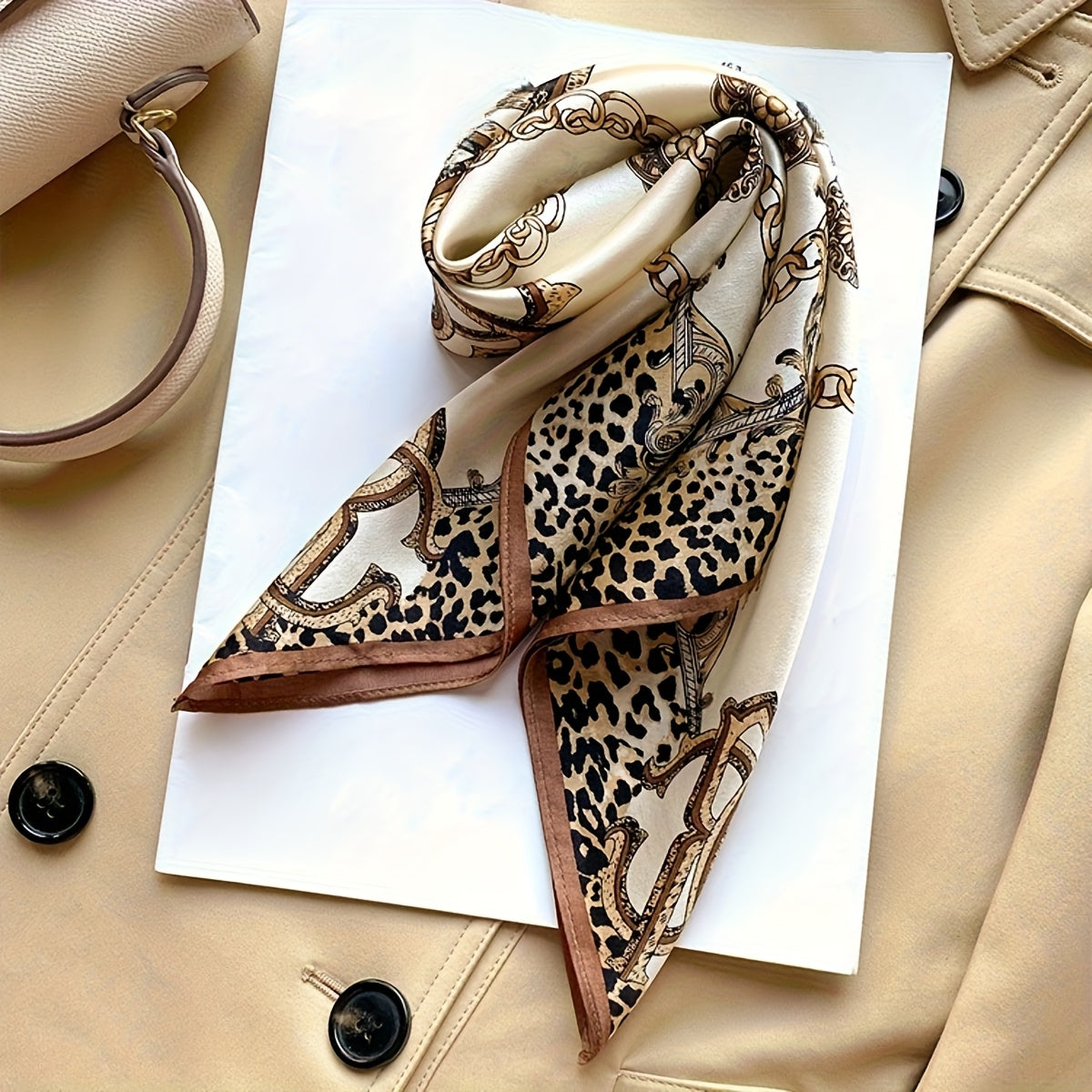 Sciarpa di Seta al 100% di Gelso Quadrata da 53.01 cm - Stile Palazzo Europeo con Stampa Floreale e Dorata, Accessorio di Moda Lusso in Beige e Oro per Donne, Regalo Elegante per Pendolari, Appuntamenti, Feste, Accessorio per Serate Romantiche | Artigiana