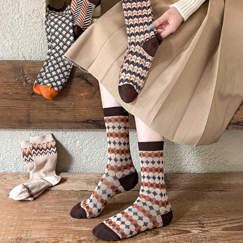 5 paia di calzini a righe argyle per donne - morbidi, traspiranti, ispirati al vintage, calzini a metà polpaccio in blu, arancione, beige e marrone, perfetti per regali d'autunno e inverno, calzini carini
