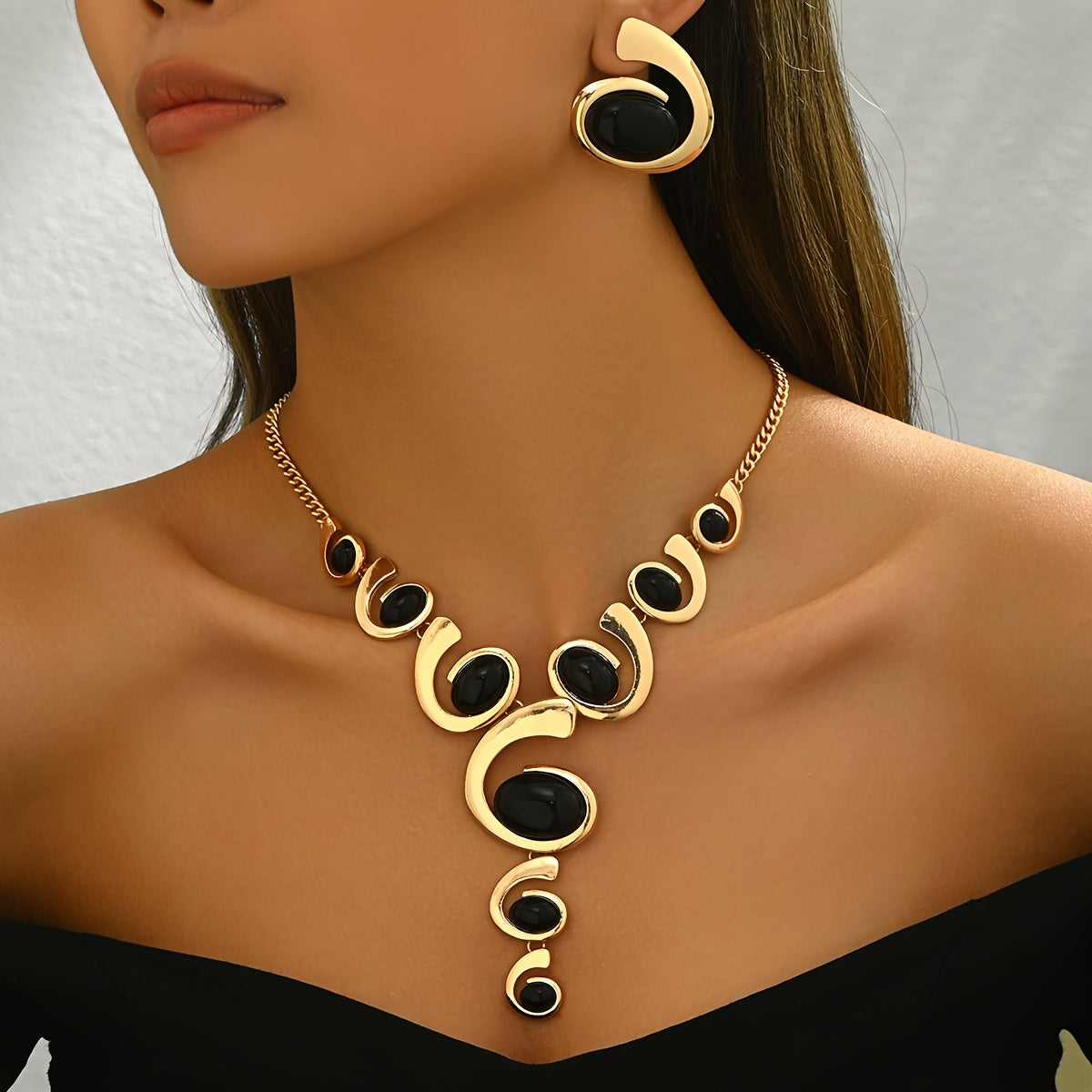 1 Set Boho Classic 2 pezzi Set di gioielli da donna, forma a spirale con intarsi di strass neri, collana a Y e orecchini, lega, versatile per l'uso quotidiano e per le feste