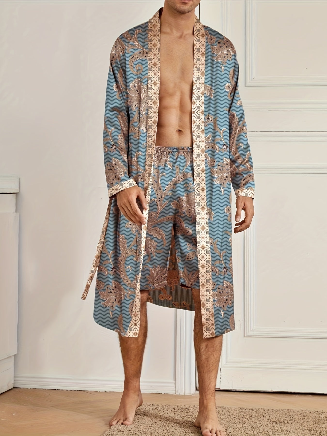 Accappatoio da uomo, pigiama elegante e leggero di lusso, stampa floreale elegante e raffinata, accappatoio con scollo a V a maniche lunghe e pantaloncini, set di vestaglia da notte per l'uso domestico