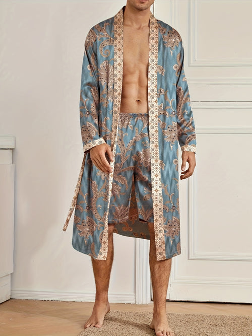 Accappatoio da uomo, pigiama elegante e leggero di lusso, stampa floreale elegante e raffinata, accappatoio con scollo a V a maniche lunghe e pantaloncini, set di vestaglia da notte per l'uso domestico