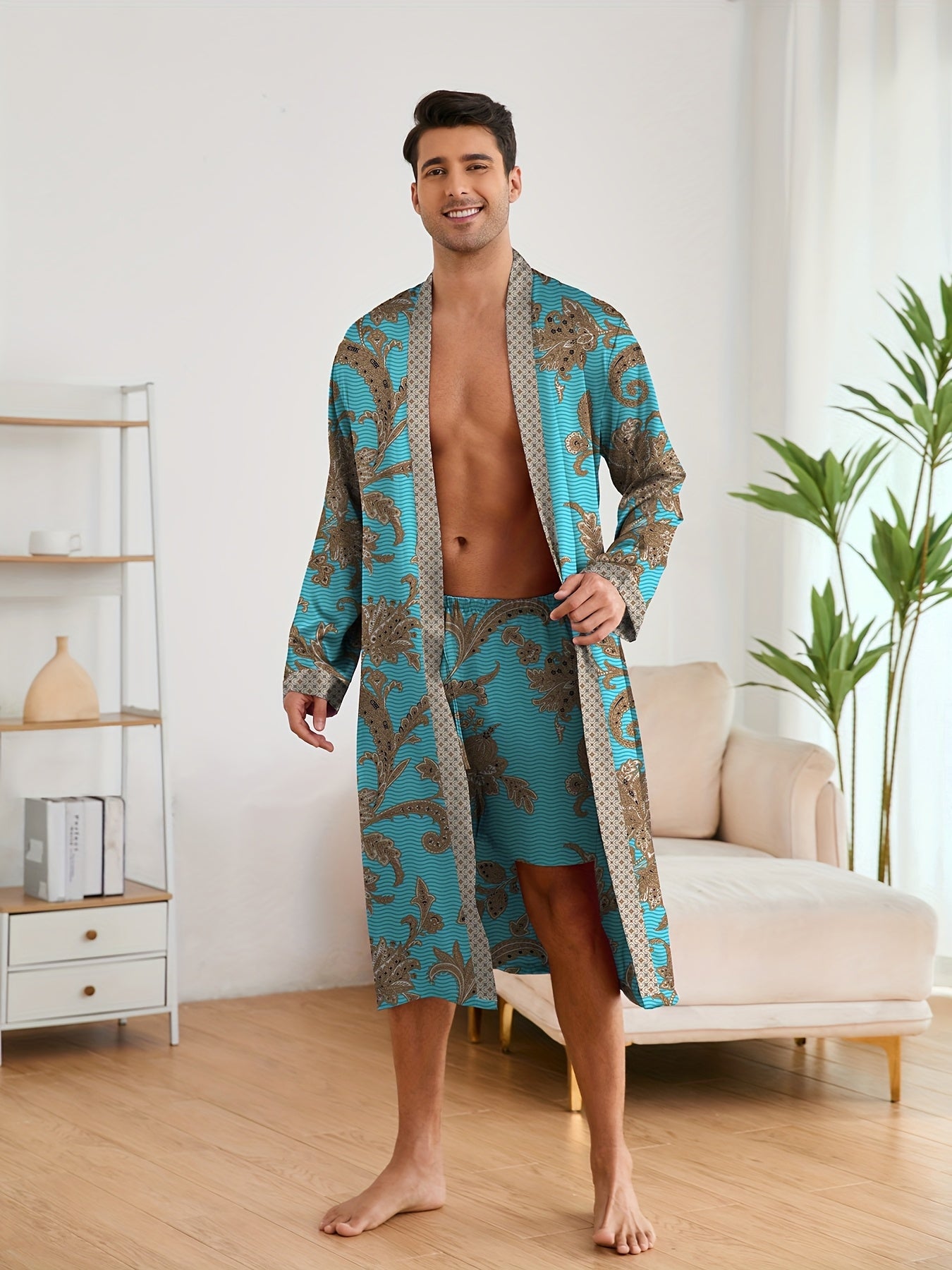 Accappatoio da uomo, pigiama elegante e leggero di lusso, stampa floreale elegante e raffinata, accappatoio con scollo a V a maniche lunghe e pantaloncini, set di vestaglia da notte per l'uso domestico
