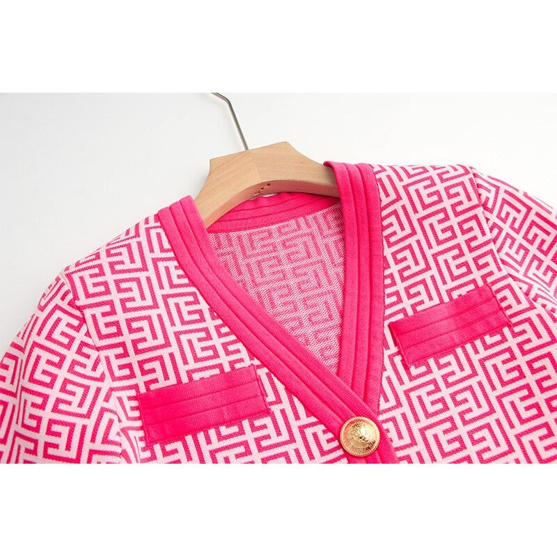 Pink Jacquard V-Neck Gold Button Sweater