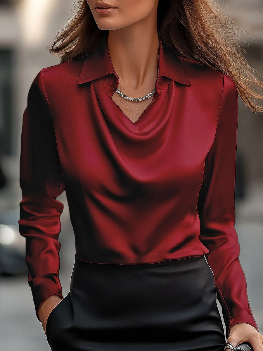 Milan Chic Silky Satin Draped Neck Blouse